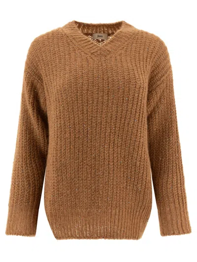 Herno Sequined Brown Knit Sweater With V-neckline