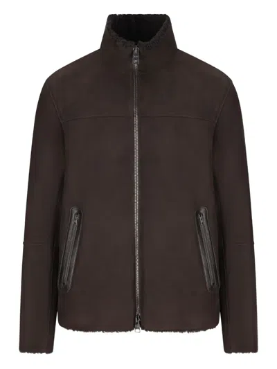 Herno Shearling Zip-front Jacket In Brown