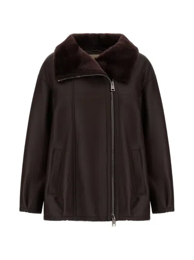 Herno Shearling-lined Leather Jacket In Braun