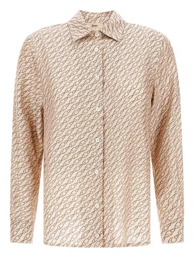 Herno Camel Mulberry Silk Shirt With Unique Hook Print In Nude