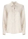 Herno Long-sleeved Silk Shirt With All-over Logo Pattern In Neutral