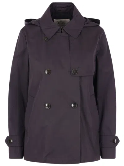 Herno Short Blue Trench Coat With Removable Hood And Double-breasted Closure