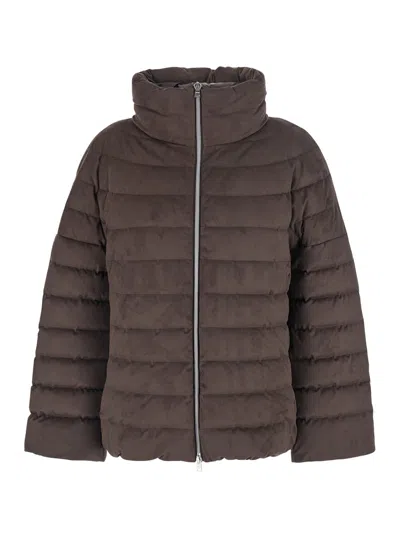 Herno Short Down Jacket With Water-resistant Nylon Detailing In Brown