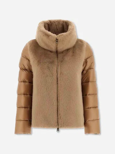 Herno Short Faux Fur Down Jacket In Brown