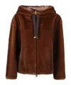 Herno Dark Brown Faux Fur Bomber Jacket With Custom Drawstring Hood In Brown