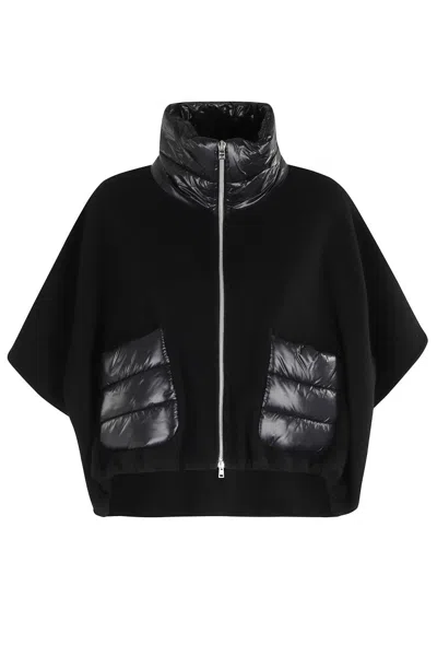 Herno Resort Poncho In Wool And Cashemre With Ultralight Nylon Details In Black