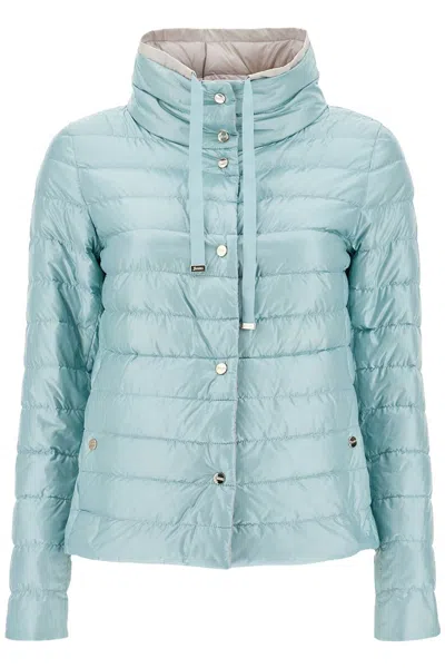HERNO SHORT PUFFER JACKET IN ICE BLUE NYLON WITH METAL BUTTONS