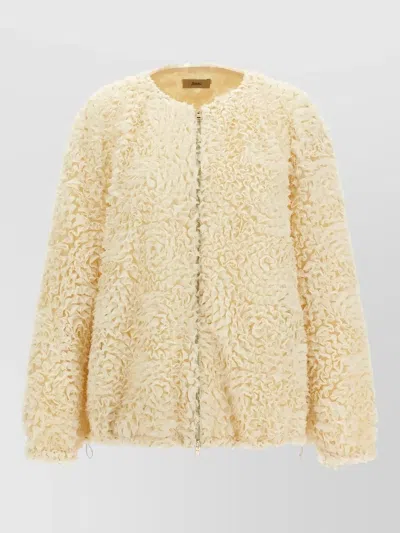 Herno Short Ruffle Jacket Elasticated Hem Round Neck In Neutral