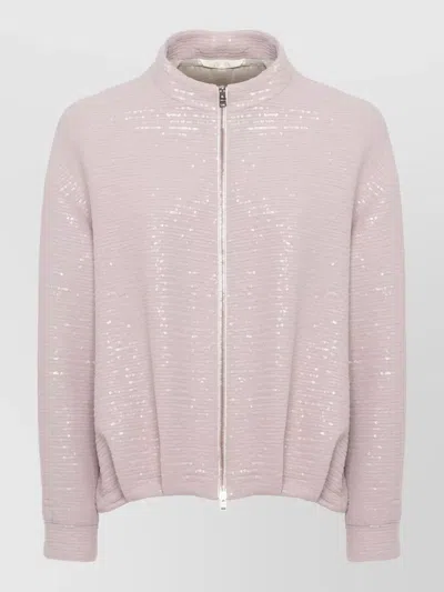 Herno Short Sequin Jacket Crewneck High Collar In Pink