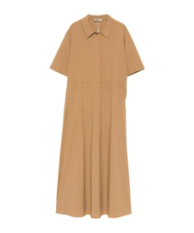 Herno Collared Gathered Midi Dress In Brown