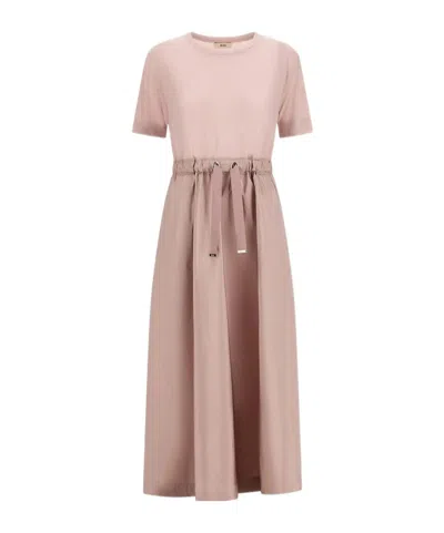 Herno Midi Dress Short Sleeves Round Neckline Drawstring In Pink