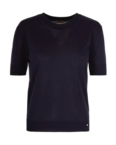 Herno Short Sleeve Knit Sweater Top In Blu Navy