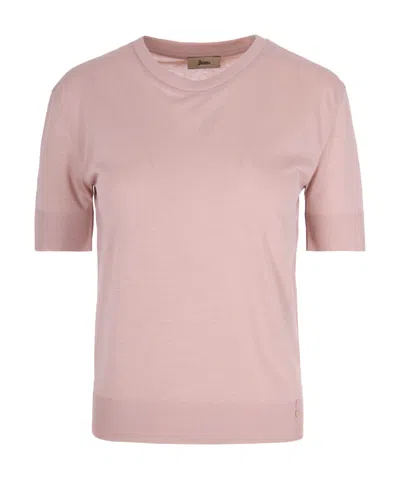 Herno Short-sleeved Crewneck Knitted Jumper In Pink
