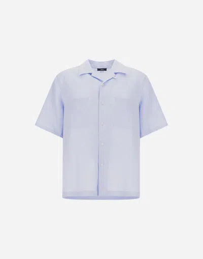 Herno Short-sleeved Shirt In Summer Linen In Blue