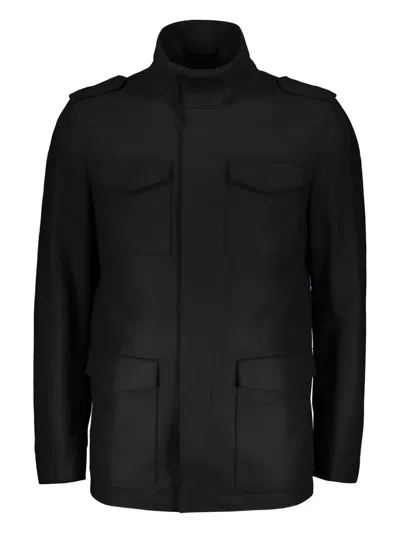 Herno Navy Linen Jacket With Classic Collar And Buttoned Cuffs In Black