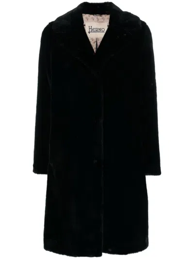 Herno Faux-fur Single-breasted Coat In Black