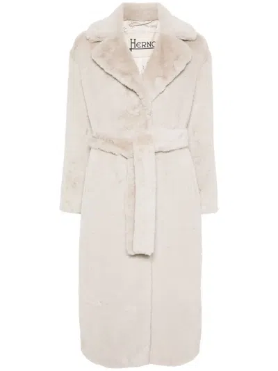 Herno Single-breasted Faux-fur Coat In Neutrals