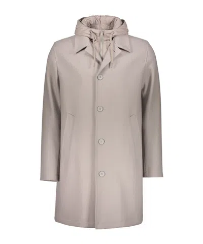 Herno Single-breasted Hooded Coat In Neutral