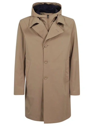 Herno Single Breasted Hooded Trench Coat In Beige