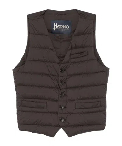 Herno Single-breasted Down Vest In Brown