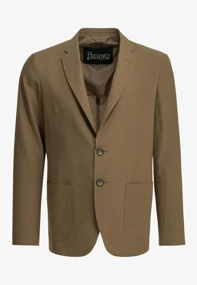 Herno Single-breasted Linen Blazer In Brown