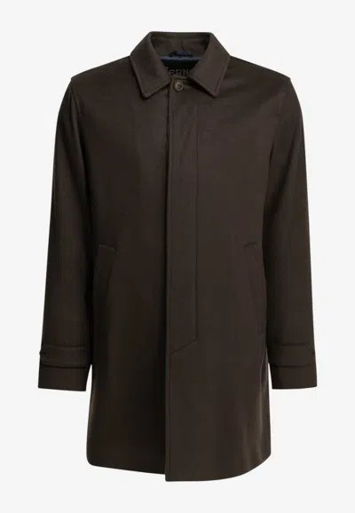Herno Single-breasted Long Coat In Cashmere In Brown
