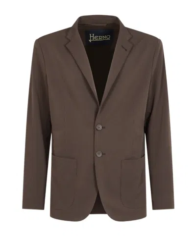 Herno Single-breasted Seersucker Blazer In Brown