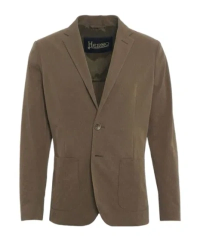 Herno Single-breasted Seersucker Blazer In Brown