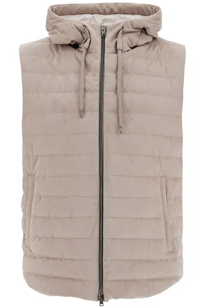 Herno Sleeveless Down Jacket In Dove Gray Polyester With Quilted Hood Men In Cream