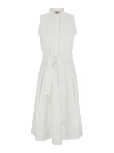 HERNO HERNO WHITE SLEEVELESS DRESS WITH CLASSIC COLLAR AND ADJUSTABLE BELT IN TECH FABRIC STRETCH WOMAN