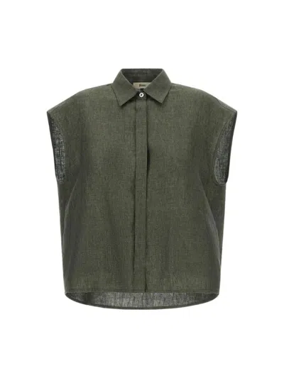 Herno Sleeveless Linen Shirt With Collar And Button Fastening In Green