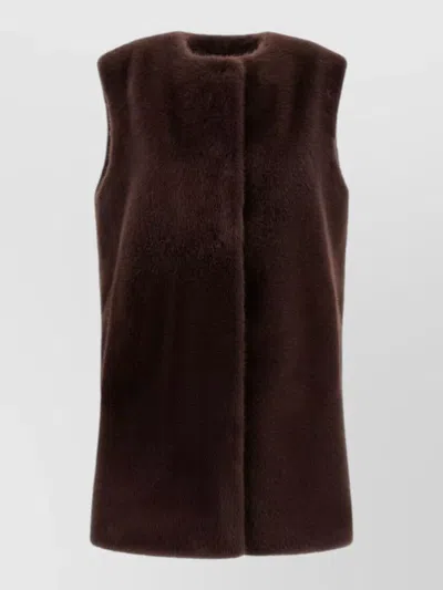 Herno Sleeveless Mid Length Faux Fur Nylon Silk Coat In Brown