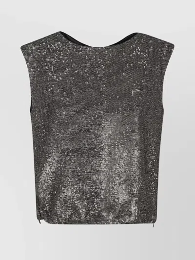Herno Sleeveless Metallic Sequined Top With Zipper Detail In Gray