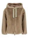 Herno Smooth Synthetic Fur Bomber Jacket With Hood And Zip Closure In Brown