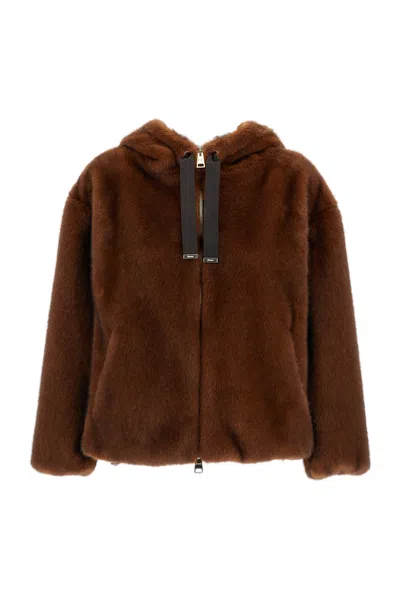 Herno Soft Faux Fur Short Bomber Jacket With Adjustable Hem In Brown