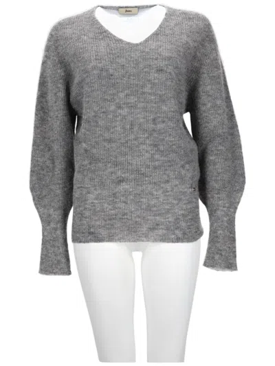 Herno Soft Knit Sweater With Balloon Sleeves And Rounded Neckline In Gray