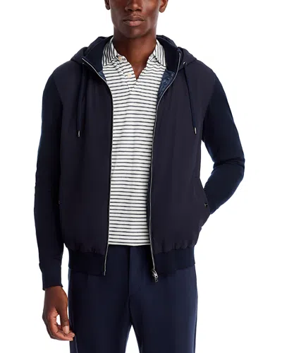 Herno Stockinette Cotton & Travel Nylon Stretch Hooded Cardigan In Blue