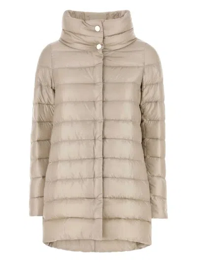 Herno Streamlined Puffer Jacket With High Collar And Quilted Texture In Neutral
