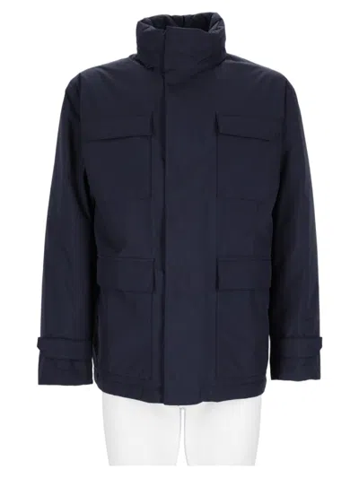 Herno Structured Blue Sports Jacket With High Collar And Front Zip Closure