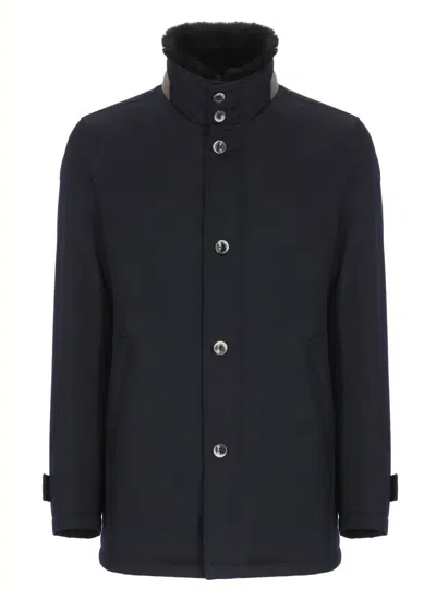 HERNO STRUCTURED BLUE VIRGIN WOOL COAT WITH PLUSH FUR COLLAR