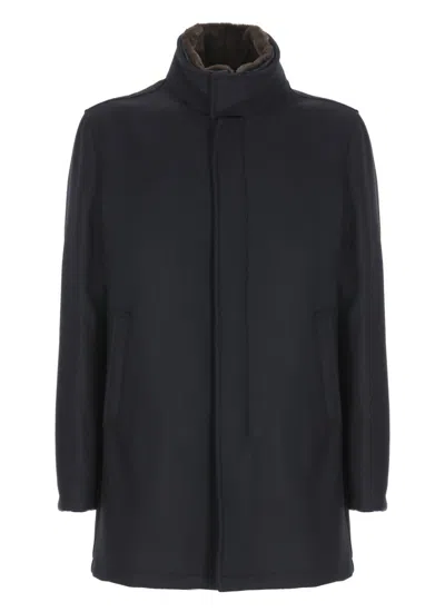HERNO STRUCTURED BLUE WOOL COAT WITH HIGH NECK