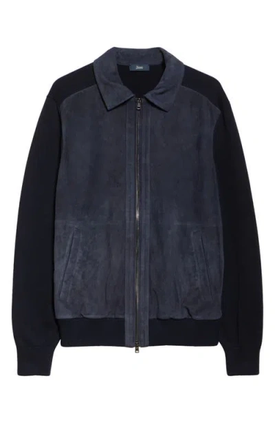 Herno Suede-panelled Cotton Jacket In Blue