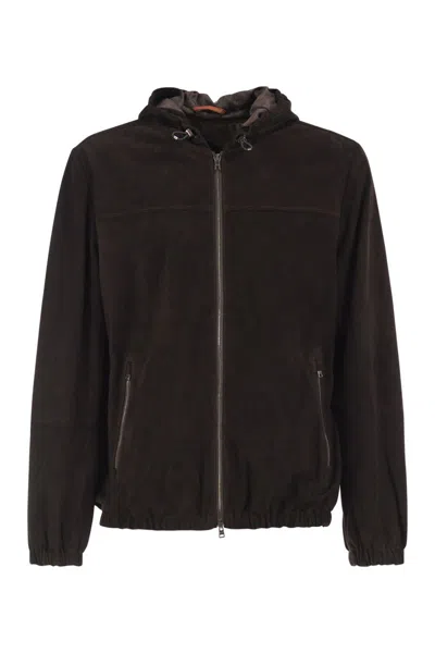 Herno Suede Goatskin Hooded Jacket In Black
