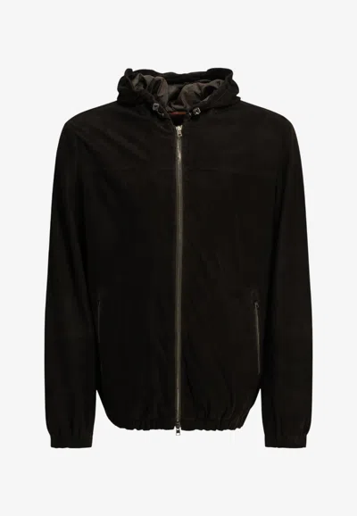 Herno Suede Hooded Down Jacket In Brown