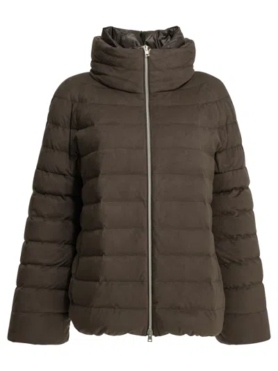 Herno Technical Suede-effect Down Jacket With Padded High Collar In Brown