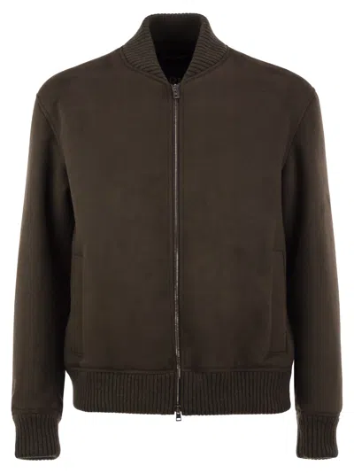 Herno Suede-effect Bomber Jacket With Knitted Trims In Brown