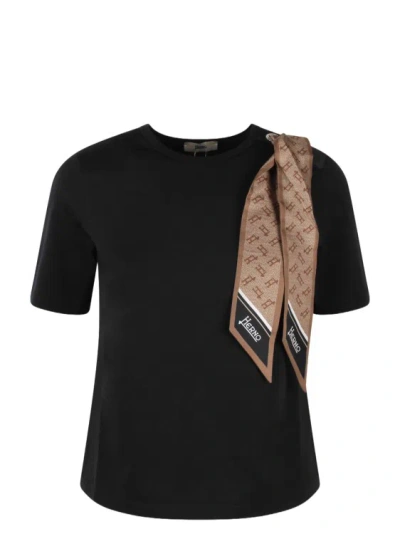 Herno Superfine Cotton Stretch T-shirt With Scarf In Black