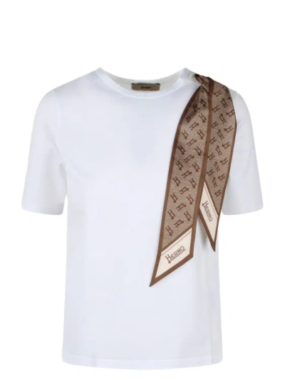 Herno Superfine Cotton Stretch T-shirt With Scarf In White