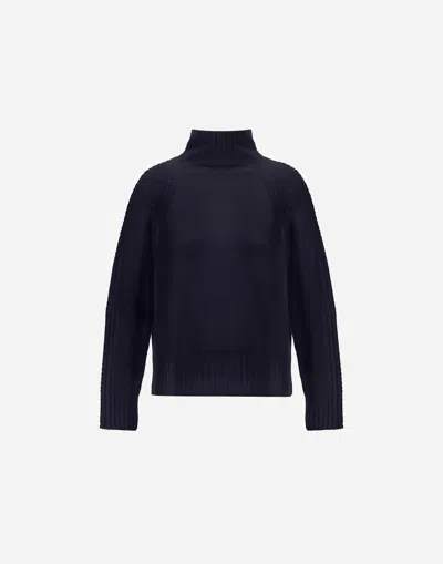 Herno Sweater In Ribbed & Braided Merino Wool In Blue