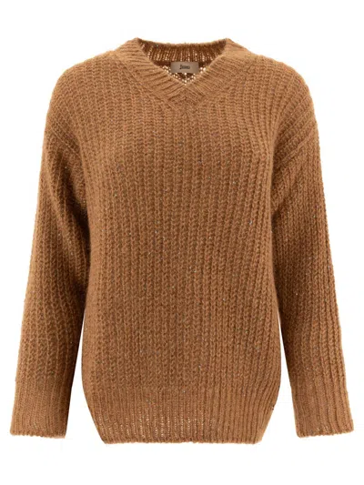 Herno V-neck Sequin Embellished Knitwear With Ribbed Texture In Brown